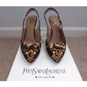 Leopard Print Jeweled YSL Slingback Heels